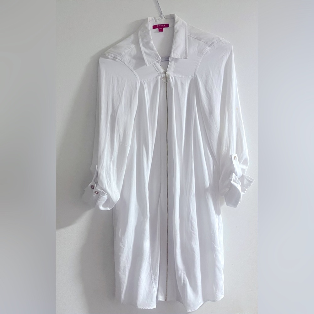 Guess white dress shirt with gold zipper detailing size L light weight fabric